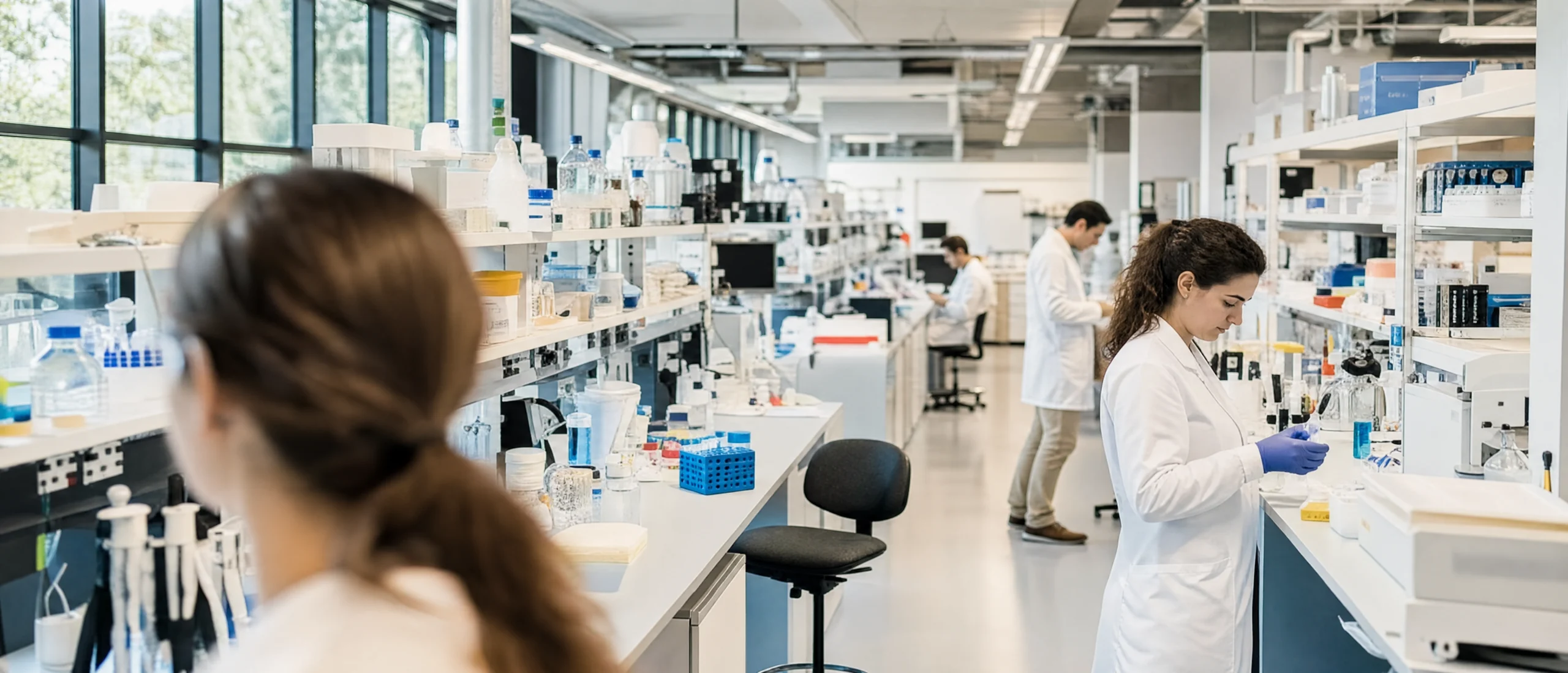 A large modern research laboratory in daylight, long benches of glassware and instruments, researchers at work.